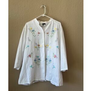 Vintage 90s white floral embroidered quarter sleeve linen top size 2X